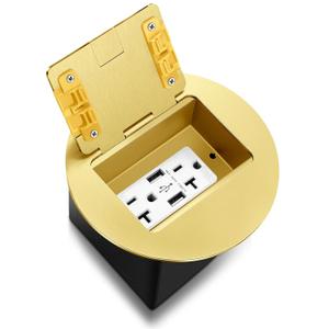 Kanayu Gold Recessed Floor Outlet, 3.98"x 3.66" x 3.15" 1-Gang, Receptacles Duplex with 4.8A USB Chargers 20A TR Device and Waterproof Adjustable Steel Box, Round Electrical Outlet Kit, Etl Listed