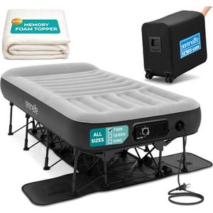 SereneLife (Twin) EZ Bed Luxe Air Mattress with Frame and Rolling Case - Luxury Series with Bonus Memory Foam Cover, Constant Comfort Pressure Maintaining Pump, Built-in Headrest, Wall Plug AC