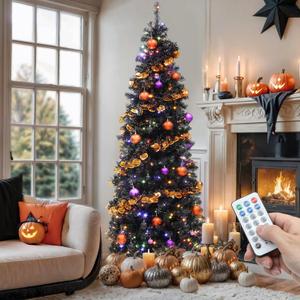 YITAHOME Pre-Lit Black Pencil Halloween Christmas Tree 6ft w/Remote, Black Slim Artificial Christmas Tree, Prelit Pencil Christmas Tree w/ 200 LED Lights & 700 Branch Tips | Holiday Decor