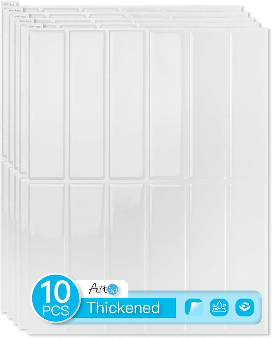 Art3d 11.4 x 9 Inch Heavy-Duty Peel and Stick Backsplash for Home Dcor, 10-Pack Vinyl Wall Tiles for Kitchen Countertop, White