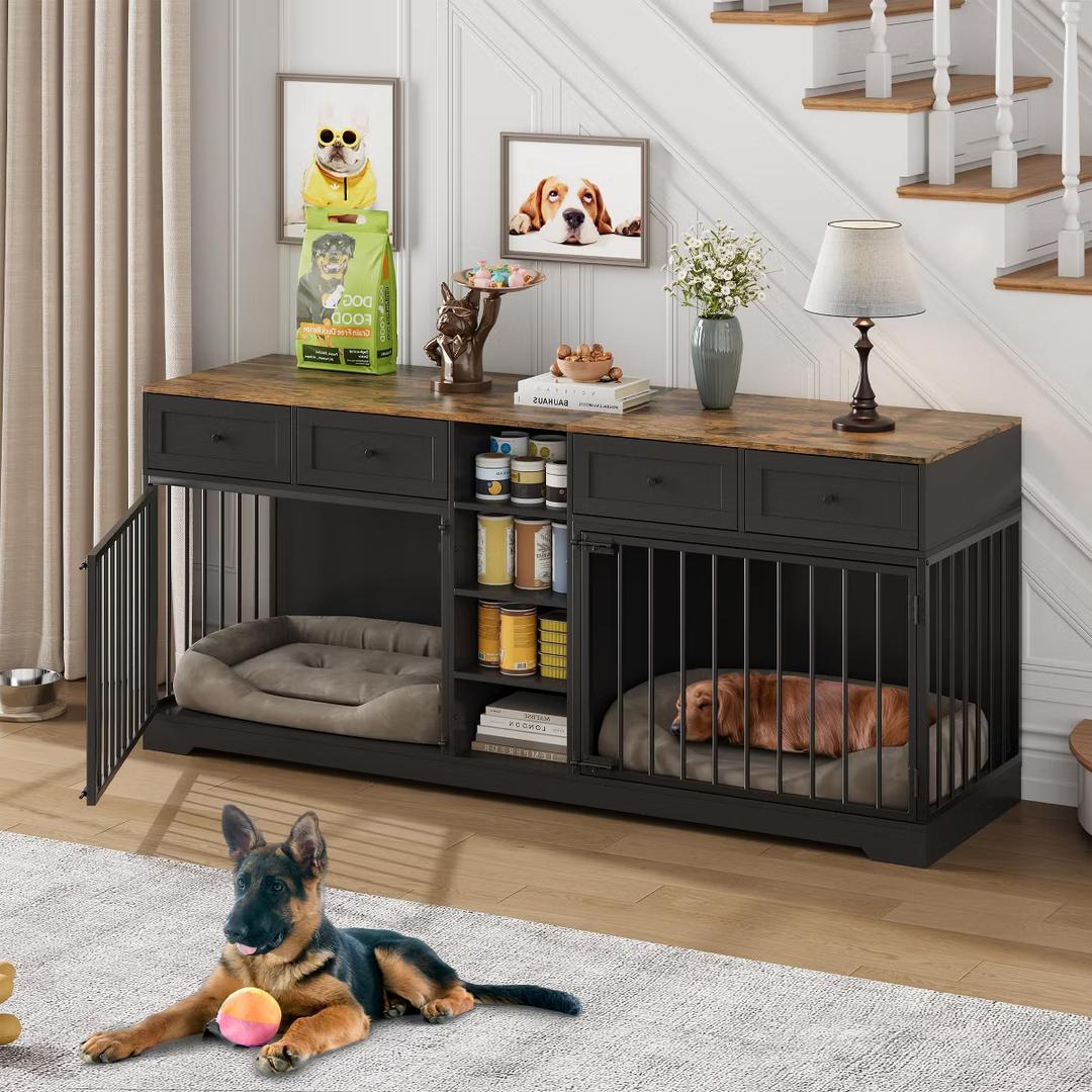 Garvee 82" Large Dog Crate with 4 Drawers and Shelves, Double Dog Crate Furniture TV Stand, Wooden Heavy Duty Dog Crate for Medium Large Dogs, Black
