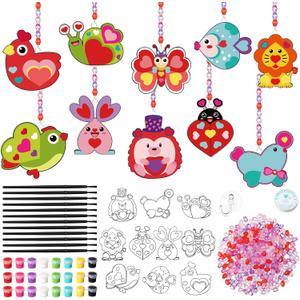 30 Pack Valentine's Day Suncatcher Craft Kits for Classroom Exchange - DIY Pink Heart Paint Art Set - Bulk Valentines Party Favors Gifts, Non-Candy Activity, Window Ornaments Decor
