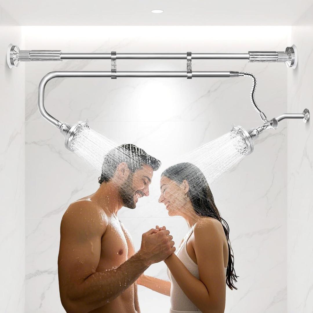 OURBAOFU Tandem Shower Heads, Double Shower Head for Couples, Dual Shower Head System for Two People, High Pressure and Adjustable Double Shower Heads (Silver)