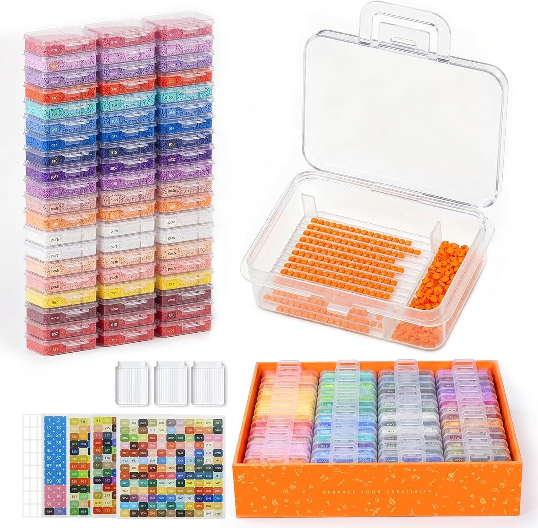 Redtwo 60pcs 2026 Version Diamond Painting Storage Container | 3 Detachable Sorting Trays, Fits 3mm Rhinestones, 636 Lables, Easy-Grab Handles, Gift Box for Diamond Painting Lovers