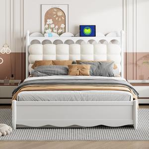 Merax Queen Size Wooden Storage Platform Bed with 2 Big Drawers, Twin-XL Size Trundle, One Set of Sockets & USB Ports, Square Velvet Upholstered Headboard, White