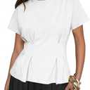 Fisoew Womens Peplum Tops Short Sleeve Babydoll Summer T Shirts Casual Crop Crew Neck Pleated Blouses White, M
