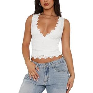 REORIA Womens Sexy V-Neck Sleeveless Double Lined Going Out Y2K Trendy Lace Cropped Tank Tops S