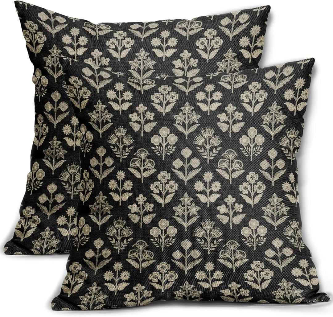 Black Floral Block Print Pillow Covers 16x16 Inch Set of 2, Vintage Flower Pattern Decorative Throw Pillowcases Outdoor Farmhouse Cushion Covers Spring Summer Rustic Sofa Couch Bed Decor
