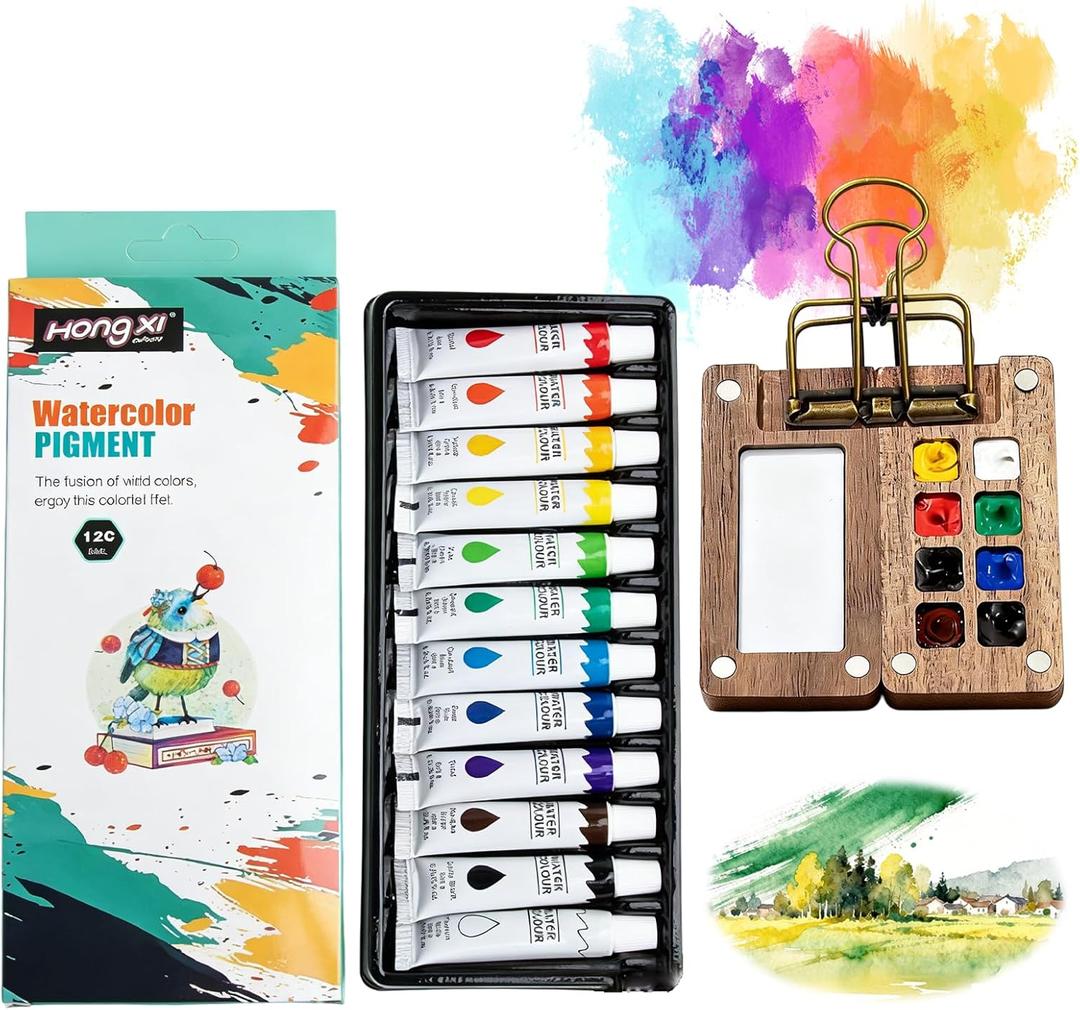 Mini Watercolor Paint Set Portable Travel - Comes with Mini Palette Sketch Board Clip & 8 Colours, Pocket-Sized Art Kit for Artists