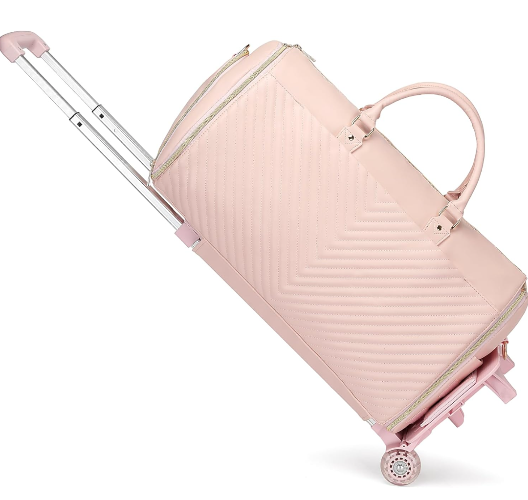 Pro Rolling Garment Bag - Detachable Handle & Extended Base, Waterproof PVC Leather with Shoe/Cosmetic Pockets, Silent Wheels for Air Travel/Weddings (48.5" Hanging System)（Pink）