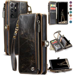 Defencase Compatible with Samsung Galaxy S21 Ultra Case Wallet with RFID Blocking Card Holder for Women Men, PU Leather Magnetic Snap Flip Zipper Strap Wallet Case Fit for Galaxy S21 Ultra 5G, Coffee