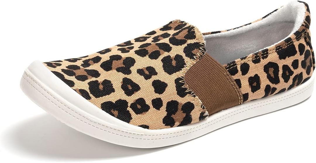 FUNKYMONKEY Shoes for Women, Comfort Low Top Canvas Slip On Sneakers Classic Casual Walking Shoes (9, Leopard)