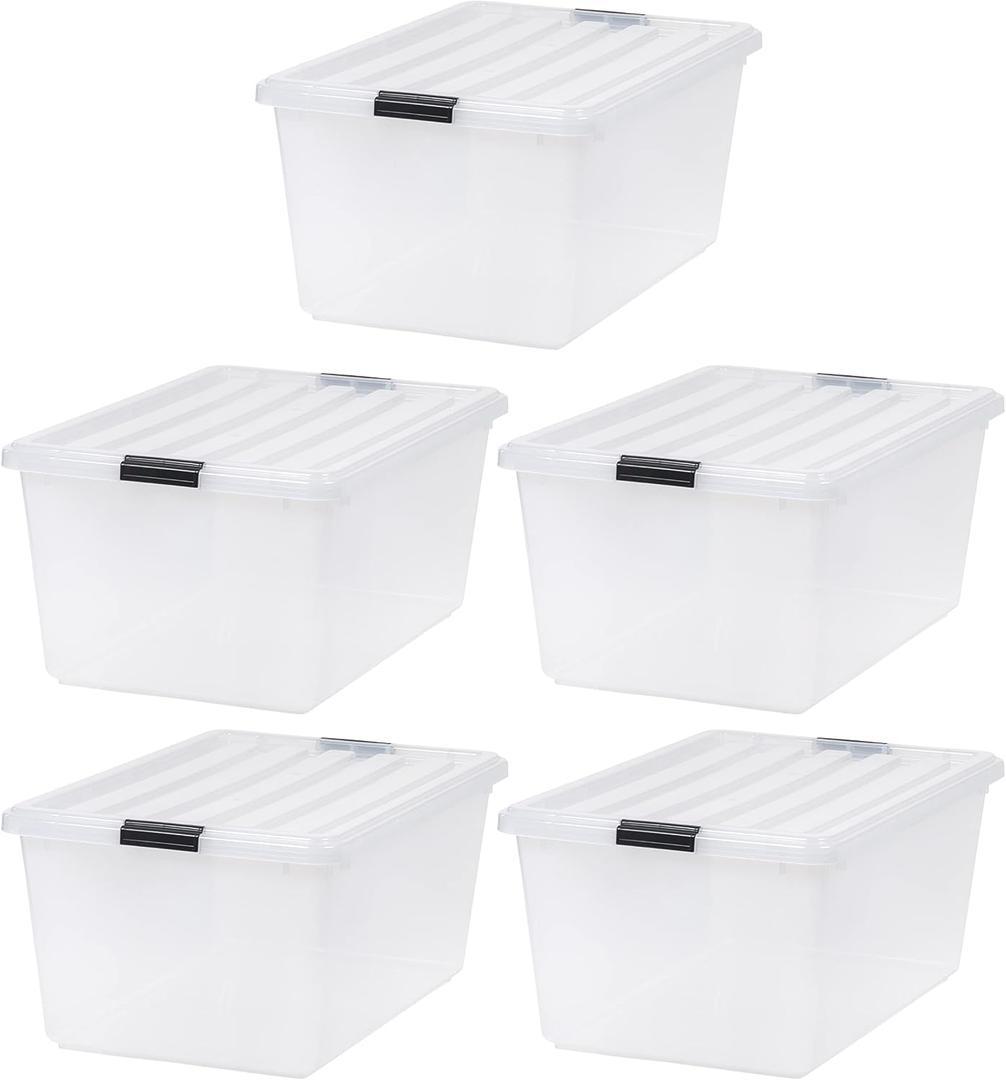 IRIS USA 5-Pack 68 Qt Stackable Storage Bins with Lids, Clear
Clear design makes contents easy to identify while organizing closets, bedrooms and storage rooms, Stackable and nestable