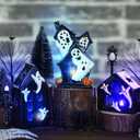 15 Pcs Lighted Ceramic Halloween Village Accessories Set Spooky Houses Miniatures Include 3 LED Ceramic Halloween Haunted Houses 2 Birch Tree 8 Pine Tree and 2 Streetlamps Tabletop Ornament for Table