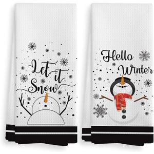 Winter Snowman Kitchen Towels and Dishcloths Set of 2, Winter Snowman Hand Towels, Hello Winter Hand Towel, Let It Snow Decor Towel, Christmas Hand Towels for Kitchen Bathroom, 1624 Inches