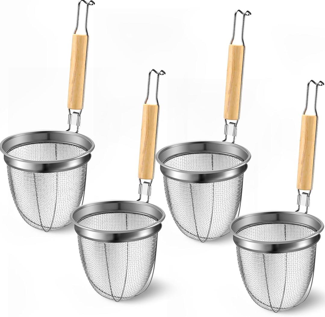 Patelai 4 Pcs Pasta Strainer Basket 5.5"x5.5" Stainless Steel Noodle Strainer with Wood Handle Kitchen Round Base Mesh Spider Basket Skimmer Food for Pasta, Ramen, Dumplings, and Deep-fried Foods