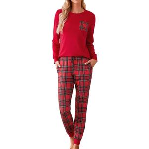 difficort Christmas Pajamas for Women Long Sleeve Pj Set Soft Sleepwear Plaid Pant with Pockets L