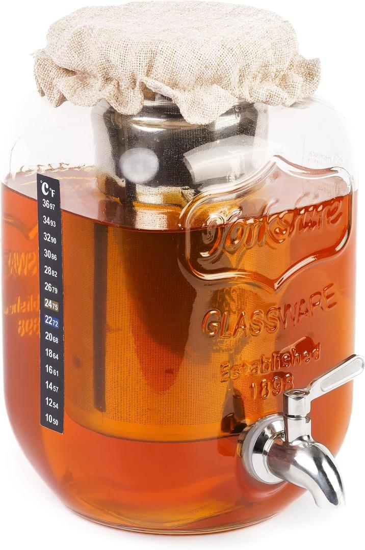 1 Gallon Kombucha Jar with Spigot, Continuous Kombucha Brewing Jar Kit, Glass Kombucha Starter Kit with Stainless Steel Mesh Filter and Cloth Top