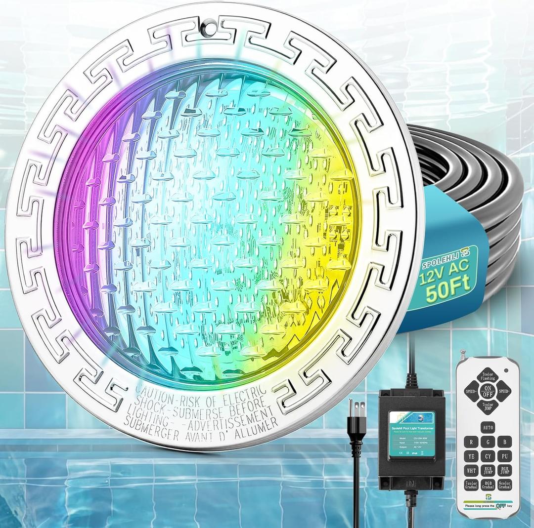 10" LED Pool Light, 12V AC Underwater Pool Spa Lights for Inground Pools, 300W Equivalent, Static Colors & Dynamic Effects, 50Ft Cord, Remote, Transformer, Fits Pentair, Hayward, Jady Niches