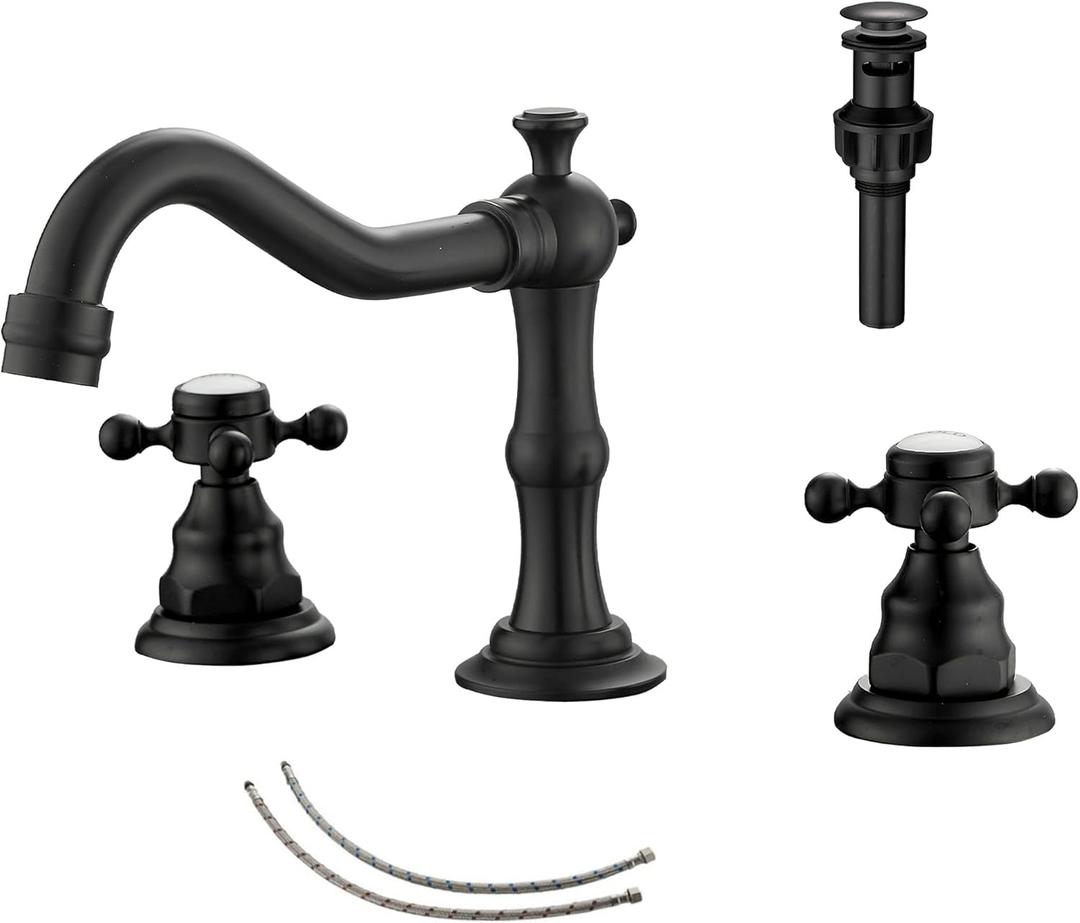 GGStudy Matte Black Bathroom Faucet 2 Handles 3 Holes Faucet 8 inch Widespread Bathroom Sink Faucet Tap Mixer Supply Hose Included Matching Metal Pop Up Drain