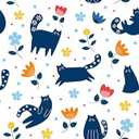 Mangoloo White Floral Wallpaper Peel and Stick Cute Blue Animal Cat Wallpaper for Nursery Kids Bedroom Playroom Wall Self Adhesive Removable Wallpaper White Cat Stick on Wallpaper Mural 17.5x102 in