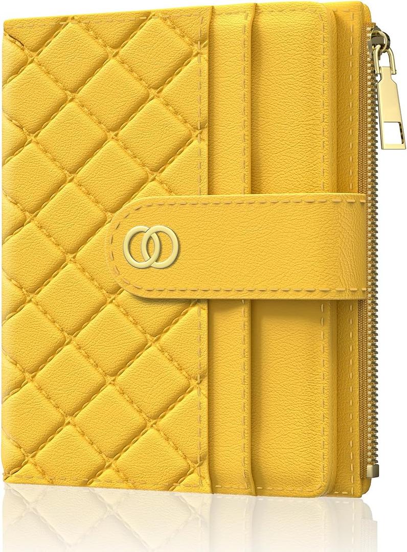 Womens Wallet, RFID Small Slim Wallets for Women, Compact Credit Card Holder, Cute Leather Bifold Ladies Purse with Zipper Coin Pocket and ID Window, Yellow