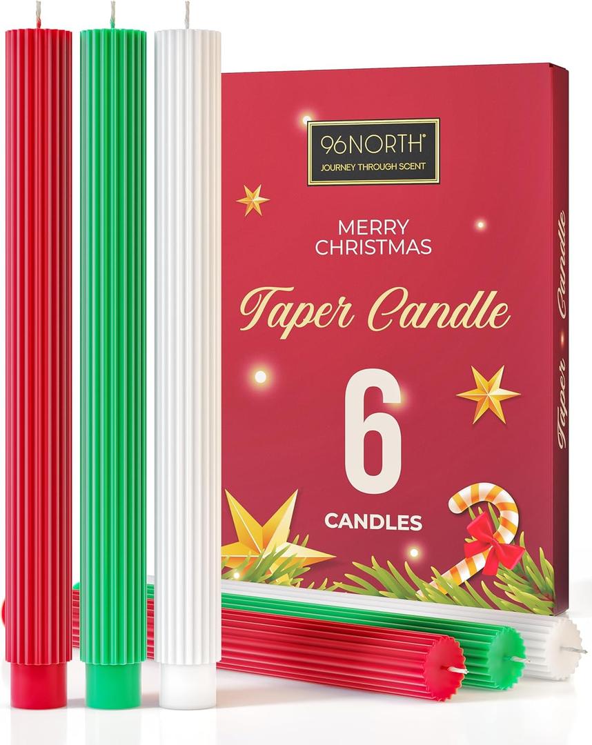 96NORTH 10.6 inch Christmas Candle Sticks, 7/8 inch Base Diameter, Dripless Taper Candles Set of 6, Unscented Holiday Taper Candlesticks, Up to 18 Hours Burning Time, Green White Red Christmas Candles