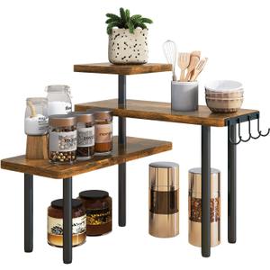 IBUYKE Countertop Organizer,3-Tier Spice Racks, Kitchen Counter Corner Shelf,4 Side Hooks, Adjustable Countertop Shelf for Kitchen, Bathroom, Coffee Bar, Cabinet, Desk, Rustic Brown, TLJ023H (1 pack, Improved)