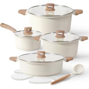 CAROTE 12 Pcs Pots and Pans Set Nonstick, White Granite Induction Cookware Non Stick Kitchen Cooking Set with Utensil and Pan Protectors