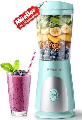 Mueller Smoothie Blender for Smoothies - Personal Blender for Shakes, Frozen Drinks, Baby Food & More, 15oz Travel Cup and Lid, Durable Stainless Steel Blades for Powerful Blending Performance