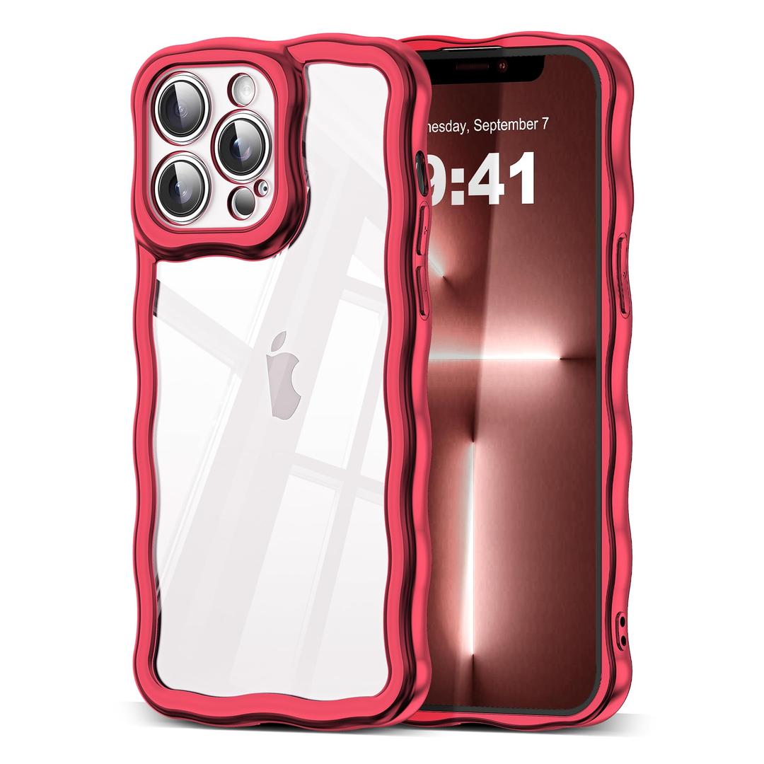 2 x SKYLMW Compatible with iPhone 13 Pro Max Case, Kawaii Cute Curly Wave Frame Luxury Plating Edge, Stylish Glossy Clear Back, Soft TPU Shockproof Protective Cases for iPhone 13 Pro Max, Red