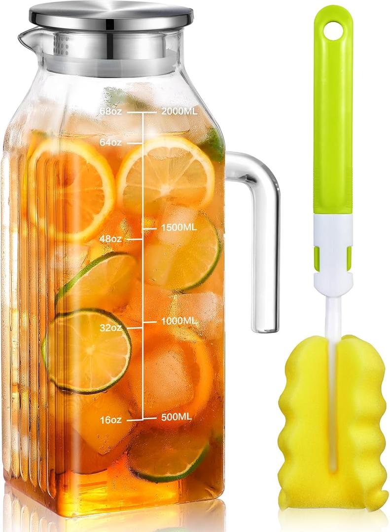 Aofmee 68oz Glass Pitcher for Fridge, 2 Liter Square Water Pitcher with Lid and Handle, Heat Resistant Tea Pitchers, Borosilicate Glass Carafe with Scale Line for Hot/Cold Beverage