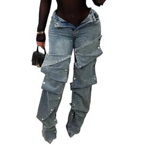 Famnbro Womens Baggy Cargo Jeans Y2K High Waisted Straight Wide Leg Detachable Denim Jeans Greyblue Medium