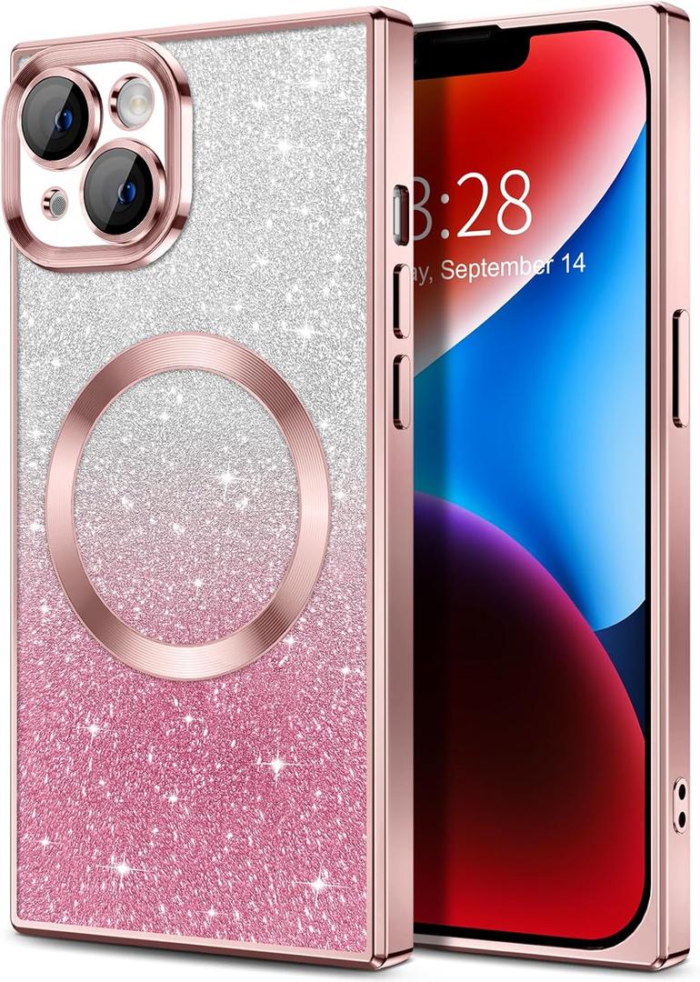 Hython for iPhone 14 Case Clear Magnetic Glitter Phone Cases [Compatible with MagSafe] Full Camera Lens Protector Gradient Sparkle Luxury Plating Shockproof Protective Cover Women, Straight/Pink