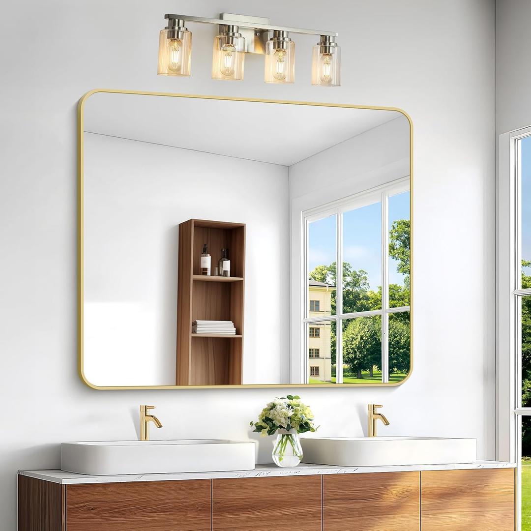 BONEWEI Gold Bathroom Mirror,40x48 inch Wall Mirror for Bathroom Wall Mounted, Round Rectangle Mirror for Bathroom Over Sink, Modern Frame for Home Decor Living Room, Bedroom Entryway, Horizontal/Vertical