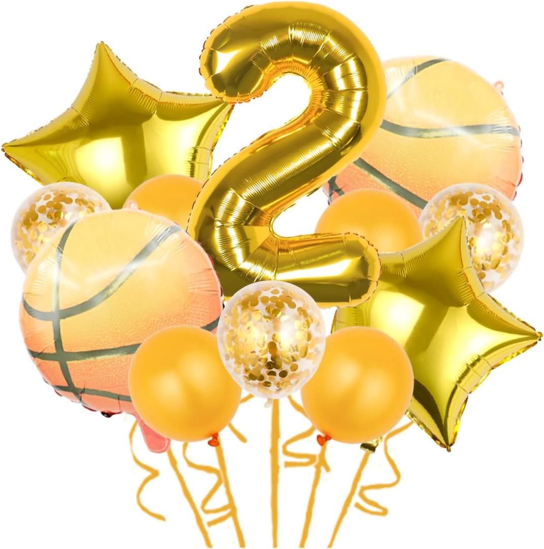 12 Pcs Basketball Theme Balloons, Decorations Gold Confetti Balloon Foil Star For Sports 2nd Birthday Party Supplies Number 2 Decoration