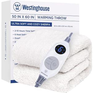 Westinghouse Electric Blanket Throw Size, Soft Plush Sherpa Heated Blanket with 6 Heating Levels & 2-10 Hours Auto-Off, Machine Washable, 50x60 inches, Ivory