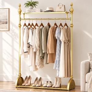 Clothing Rack Gold, Industrial Clothes Rack for hanging Clothes with Double Shelves Freestanding Multi-functional Heavy Duty Garment Rack, Metal Movable Coat Rack for Organizing Clothes Shoes, 15.8"D x 39.4"W x 68.9"H
