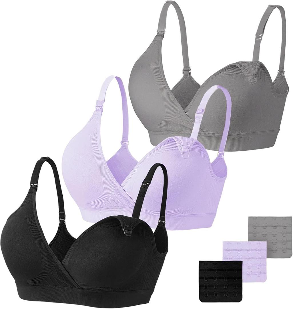 Vinfact 3 Pack Nursing Bras for Breastfeeding Seamless V Neck Maternity Bra Women Pregnancy Breastfeeding Bra (X-Large, Black/Grey/Purple)
