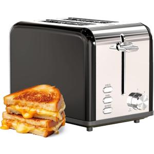 YSSOA 2-Slice Stainless Steel Toaster, 6 Browning Setting and 3 Function, Extra Wide Slot & Removable Crumb Tray, for Bread & Waffle, Black