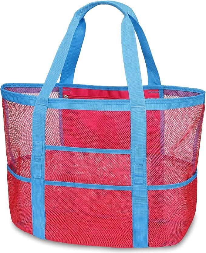 F-color Mesh Beach Bag Family - Large Tote Bag 9 Pockets for Swim Pool Toys Cruise Beach Vacation Essentials