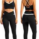 Womens Workout Sets Two Piece V-Neck Sports Bra High Waisted Legging Trousers Gym Yoga Athletic Outfits Small