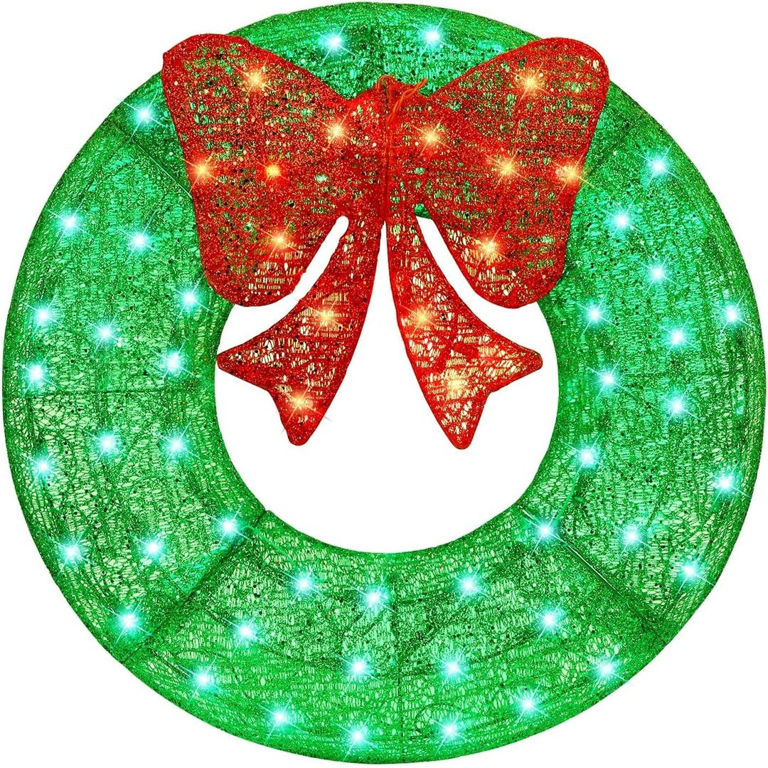 ATDAWN 26 Inch Christmas Wreath, Outdoor Christmas Wreath Decoration, Lighted Xmas Wreath for Christmas Home Wall Door Decoration (Green)
