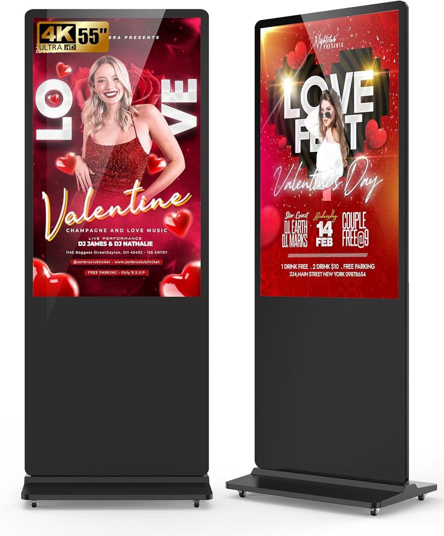 55-inch Digital Signage Display, 4K 2160P LCD Screen Indoor Floor Standing Digital Kiosk, Auto Media Player Advertising Display Poster with Android OS Remote Control, HDMI/WiFi/USB