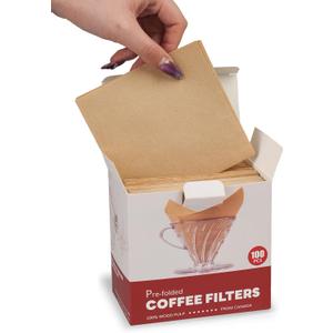Pre-folded Unbleached Cone Coffee Filters, 100 Count Disposable Paper Filters Compatible with Hario V60 Size 02 Drippers, Bodum & 1-5 Cups Pour Over and Drip Coffee Makers