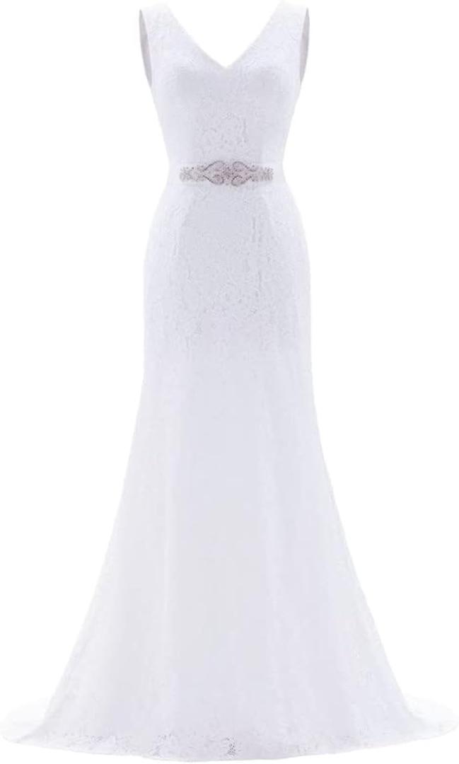 Likedpage Women's Lace Mermaid Wedding Dress, V-Neck Sleeveless Bridal Gown with Beaded Belt (White, M)
