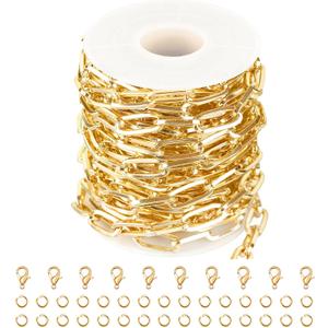 Jabogrii 5 Meters Paperclip Jewelry Making Chains Gold Plated Aluminum DIY Craft Chain Roll with Lobster Clasps and Jump Rings for Jewelry Making (2.0mm Light Gold Paperclip)