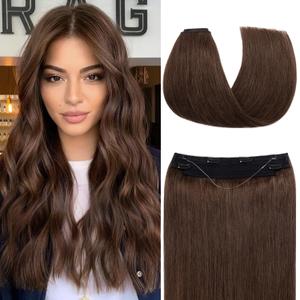 Invisible Wire Halo Hair Extensions - Real Human Hair, 14 Inch Medium Brown, Adjustable Fish Line, Hidden Wire, 75g, #04