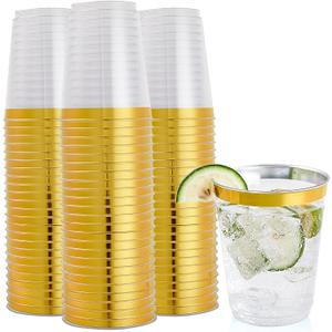 FOCUSLINE 10 oz Gold Plastic Cups, Disposable Clear Fancy Hard Plastic Cups, Gold Rimmed, Heavy Duty, Reusable,100 Count