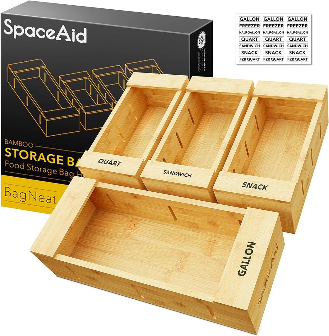 SpaceAid Bag Storage Organizer for Kitchen Drawer, Bamboo Organizer, Compatible with Gallon, Quart, Sandwich and Snack Variety Size Bag (4 Pack) (Natural, 3"H)